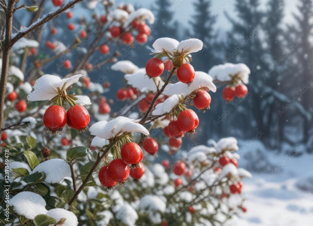 Obraz premium red rose hips against a backdrop of snow covered wild roses, snow-covered wild roses, frozen flowers, winter landscape