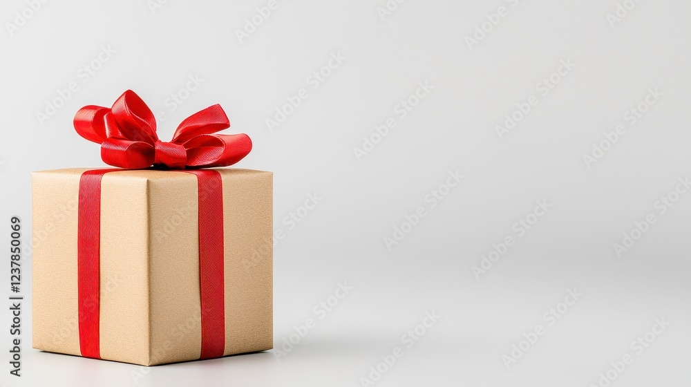 Obraz premium Beige Gift Box with Red Ribbon on Light Gray Background