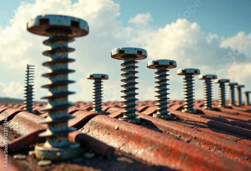 Row of inverted screws with roofing sheets in the foreground , background, roofing photo