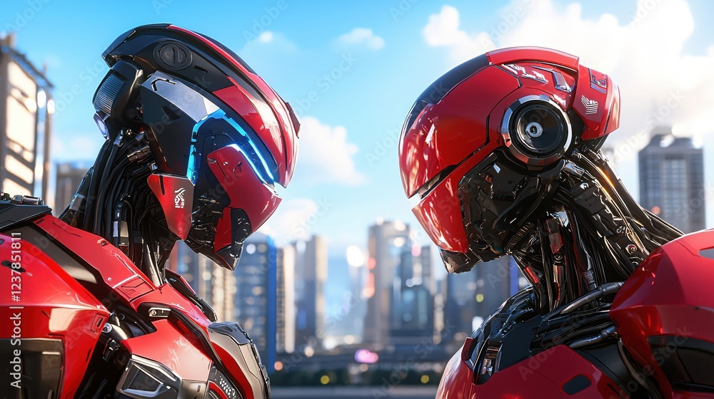 Fototapeta premium Futuristic Red Robots Cityscape Confrontation Modern Technology