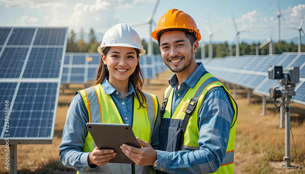 engineer inspect installation of solar panels installed check, using laptop or tablet at solar photovoltaic power station. engineer inspect installation of solar panels installed check, using laptop or tablet at solar photovoltaic power station.