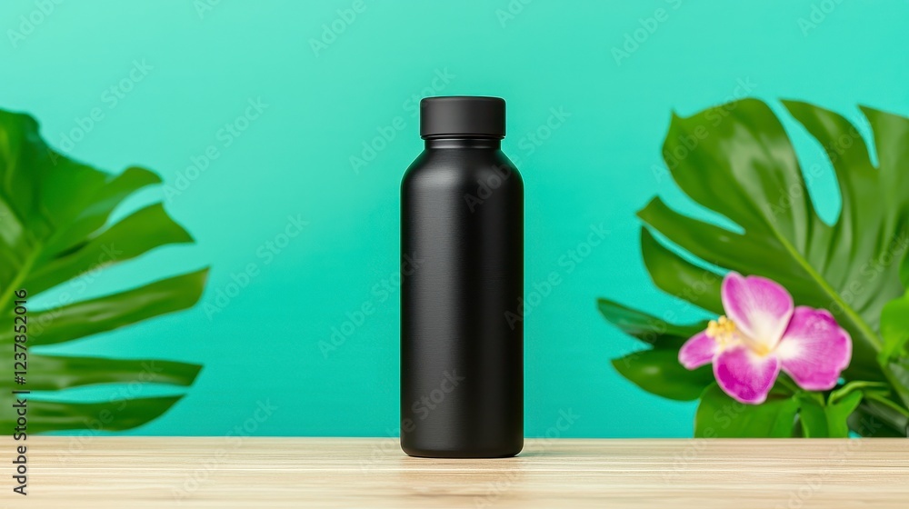 Black Matte Water Bottle on Wooden Surface with Tropical Leaves Black Matte Water Bottle on Wooden Surface with Tropical Leaves