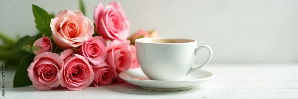 A delicate white coffee cup sits next to a blooming bouquet of flowers, arrangement, white, natural fiber A delicate white coffee cup sits next to a blooming bouquet of flowers, arrangement, white, natural fiber