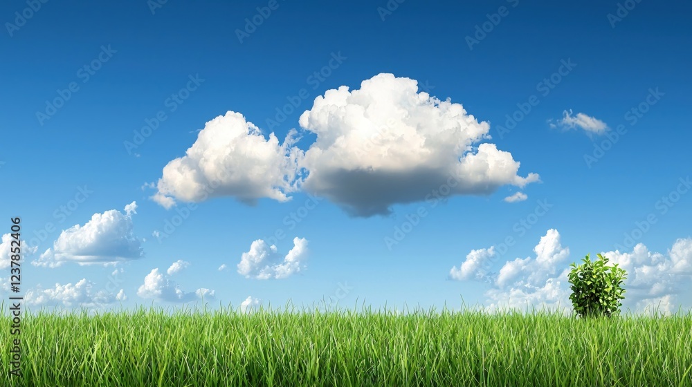Serene Summer Landscape Lush Green Grass Blue Sky Fluffy Clouds Single Plant Serene Summer Landscape Lush Green Grass Blue Sky Fluffy Clouds Single Plant