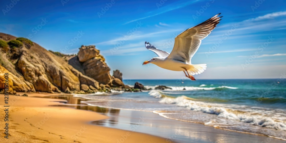 Fototapeta premium Seagull flying over sandy beach with small rocky outcropping in the foreground, sand, rock, seagull, wildlife, scenic spot