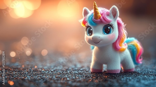 Cute plush unicorn with colorful mane on a bokeh background. Generative AI photo