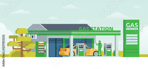 Gas Station with Shop Vector Illustration. Clean Flat Design and Modular Element. Fully Editable and Easy to Customize	