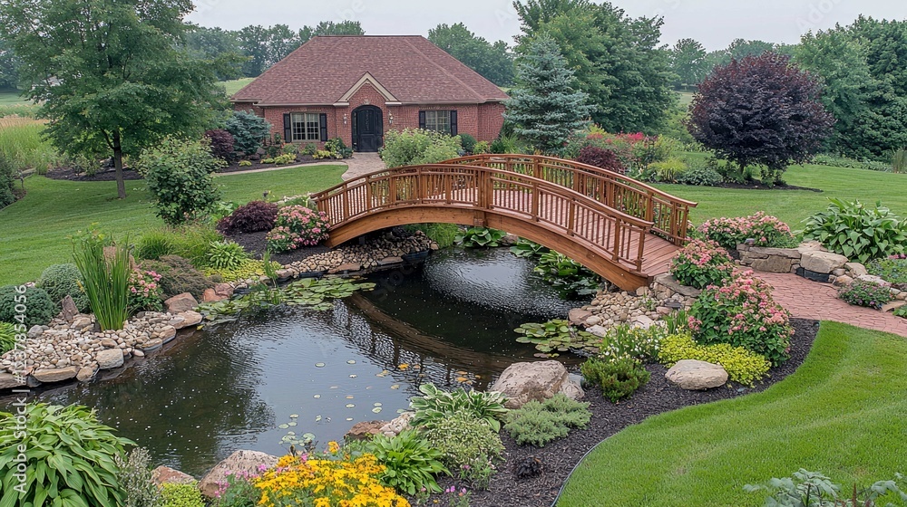 Serene Pond Garden Landscape with Wooden Bridge and Brick House Serene Pond Garden Landscape with Wooden Bridge and Brick House