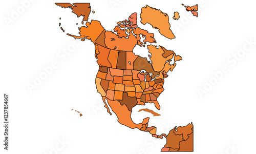 Map of North America, vector EPS, 10 earth tone, isolated on a white background.