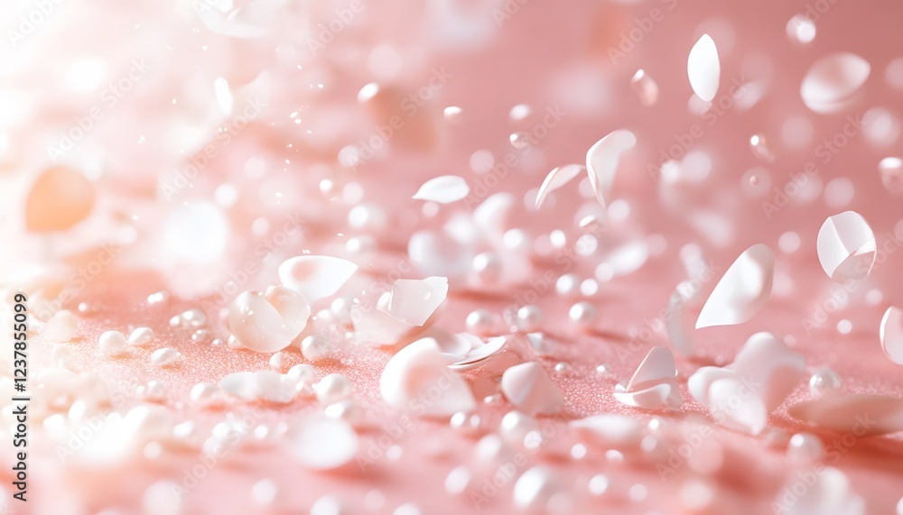 Delicate white petals and pearls gently fall on pink Delicate white petals and pearls gently fall on pink