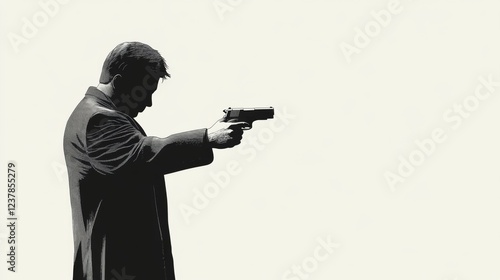 Man aiming gun, crime scene, white background, thriller movie poster photo