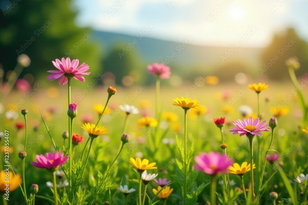Pink and yellow wildflowers in a sun-drenched meadow, blossom, flowers Pink and yellow wildflowers in a sun-drenched meadow, blossom, flowers