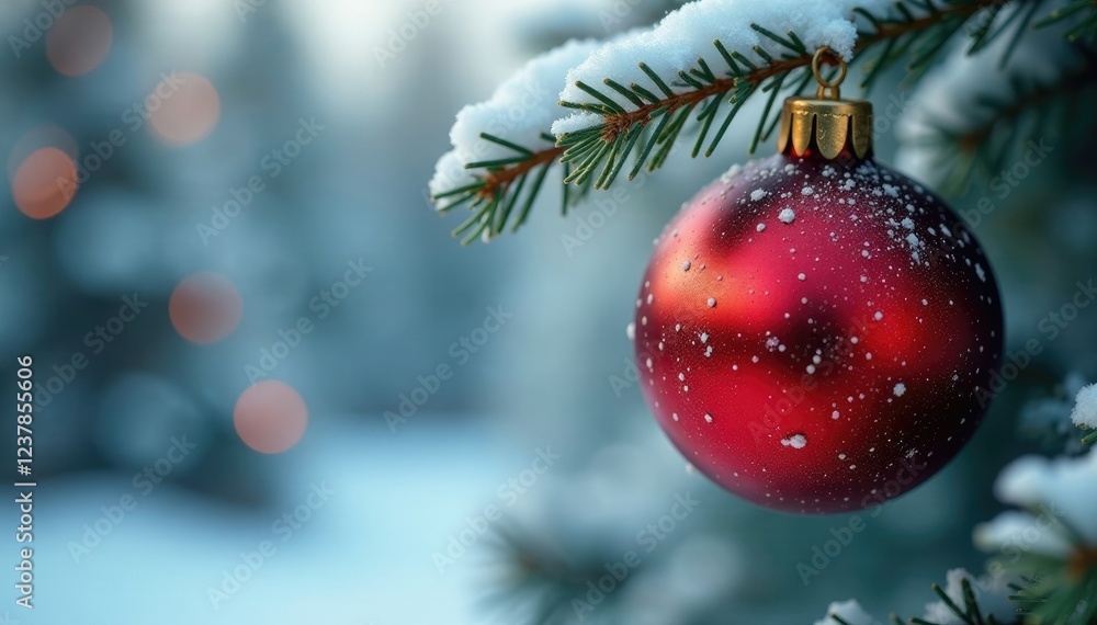 Obraz premium Red dot on snow-covered Christmas tree branch, ornament, frosty