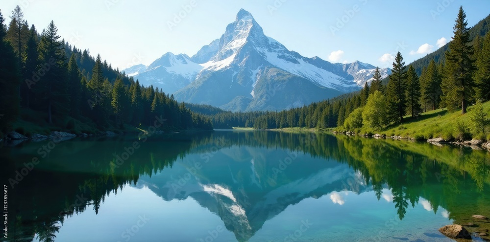 serpentine lake in forest reflected mountain peak, serene, tranquil serpentine lake in forest reflected mountain peak, serene, tranquil