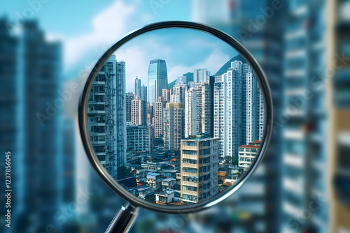 A magnified view of a modern city skyline through a glass lens, showcasing urban architecture.