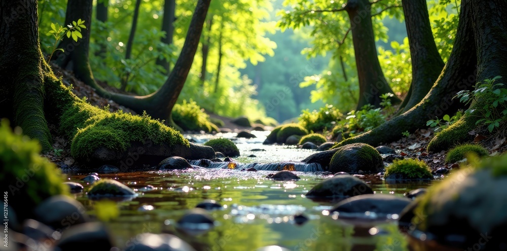 Fototapeta premium stream flowing through the forest under trees, branches, water, earthy tones