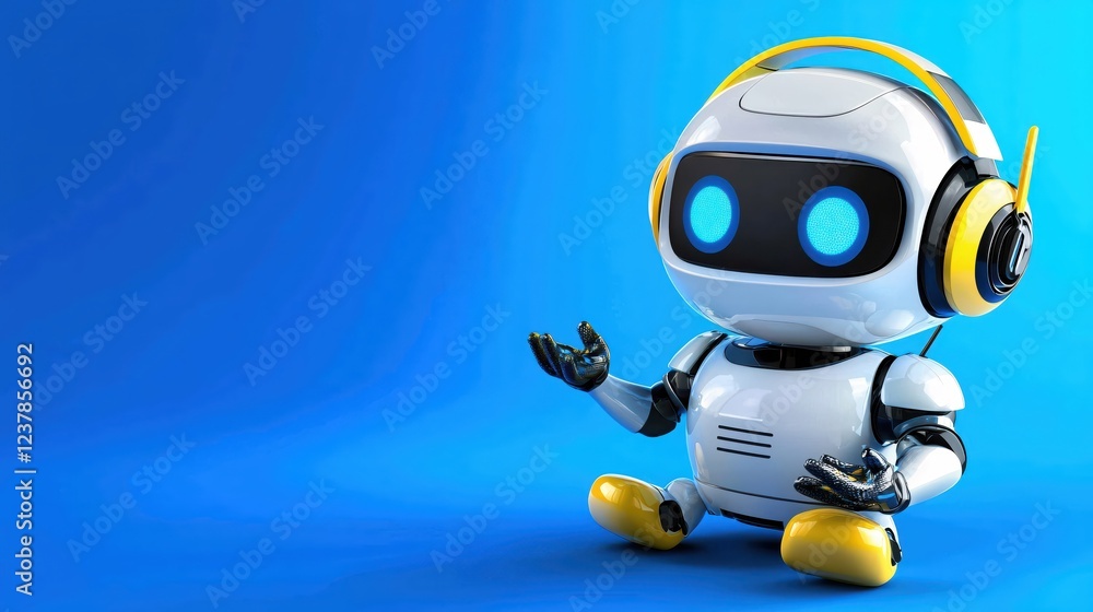 Friendly Robot with Headphones Welcoming and Presenting on Blue Background Friendly Robot with Headphones Welcoming and Presenting on Blue Background
