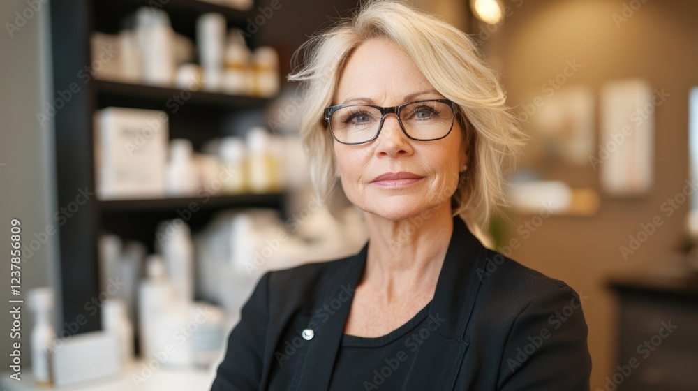 Confident Mature Woman in Professional Setting with Skincare Products, Capturing Expertise and Experience in a Modern Beauty Environment Confident Mature Woman in Professional Setting with Skincare Products, Capturing Expertise and Experience in a Modern Beauty Environment