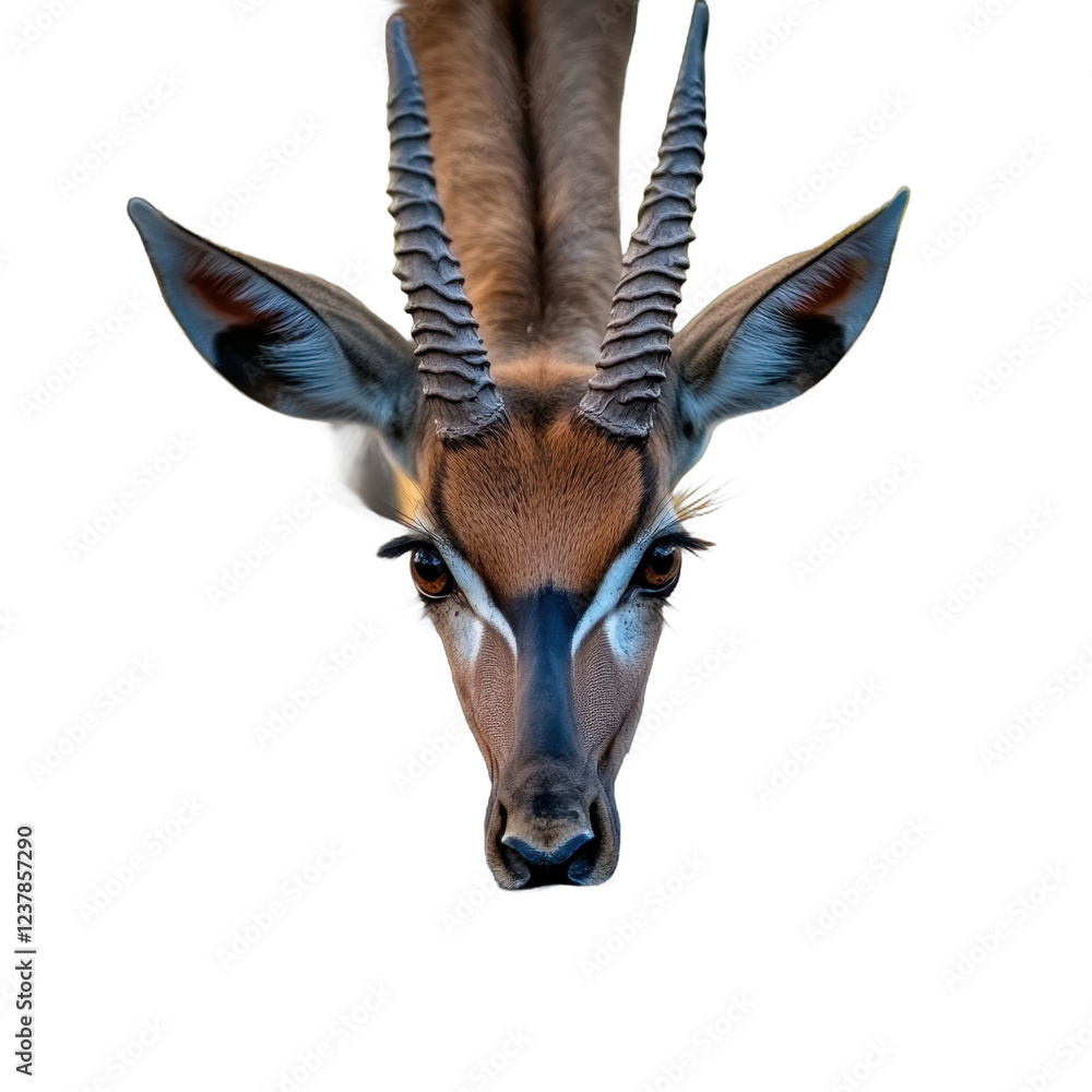 Fototapeta premium Close-up of an antelope's head with striking features and intense gaze. transparent background
