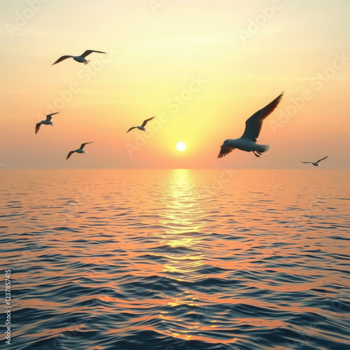 Sunset Over the Water with Seagulls Flying High , peaceful sky, serene atmosphere