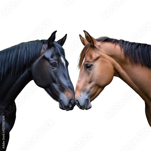 Two horses nuzzling each other, showcasing their connection and gentle nature. transparent background photo