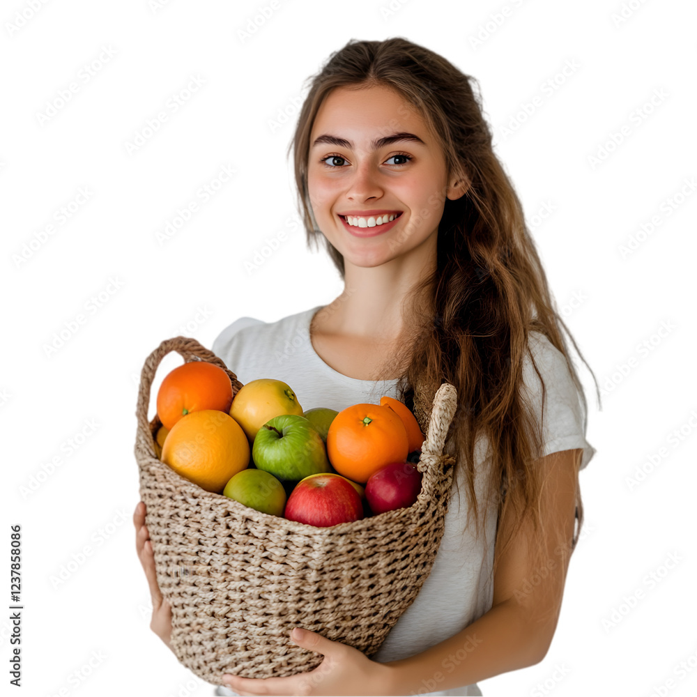 A young woman with a cheerful smile, holding a woven bag filled with fresh fruits like apples and oranges, set against a white backdrop A young woman with a cheerful smile, holding a woven bag filled with fresh fruits like apples and oranges, set against a white backdrop