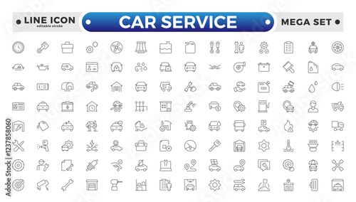 Auto service, car repair icon set. Car service and garage. Big collection: repair, maintenance, inspection, parts, units.Containing repair, maintenance, inspection. Editable stroke outline icon.