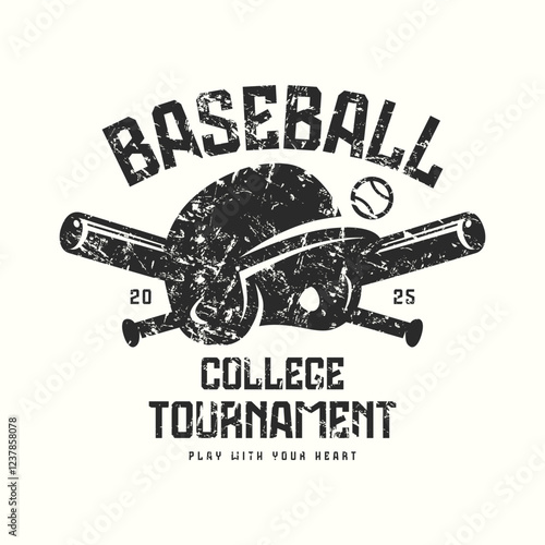 Baseball college tournament typographic emblem with rough texture. Graphic design for t-shirt. Black print on white background