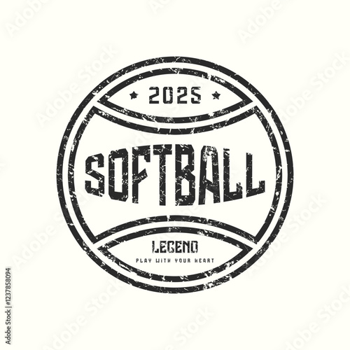 Softball tournament round typographic emblem with rough texture. Thin line style design for t-shirt. Black print on white background