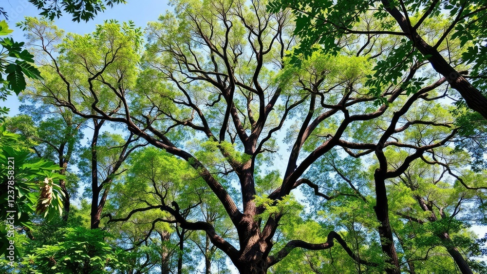 Tall isolated oak tree with lush green leaves standing against a clear blue sky, isolated, growth Tall isolated oak tree with lush green leaves standing against a clear blue sky, isolated, growth