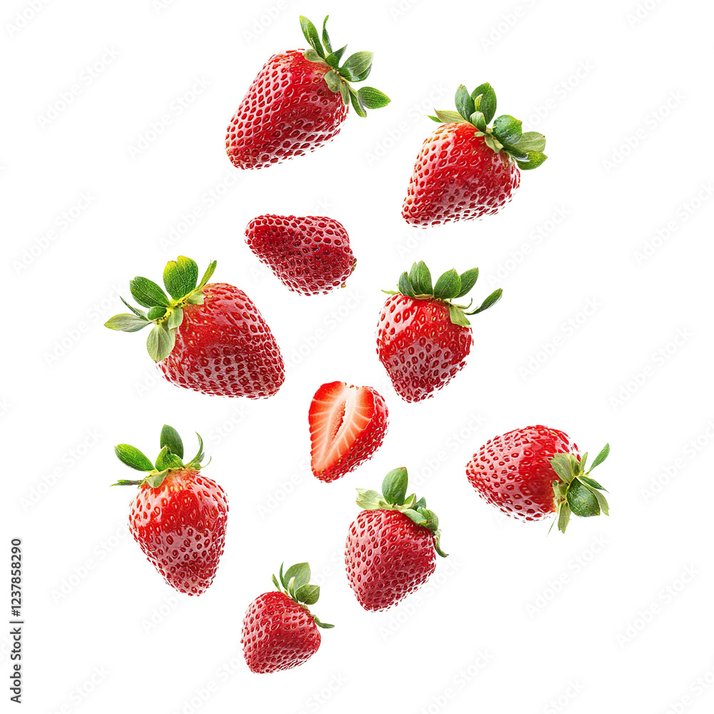 Fresh strawberries displaying a bright red color, arranged neatly for a clean presentation, isolated on white background Fresh strawberries displaying a bright red color, arranged neatly for a clean presentation, isolated on white background