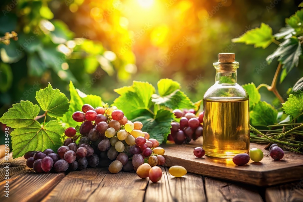 Golden grape seed oil in a glass bottle rests on a rustic wooden surface amongst bunches of ripe grapes and lush green leaves bathed in warm sunlight. Golden grape seed oil in a glass bottle rests on a rustic wooden surface amongst bunches of ripe grapes and lush green leaves bathed in warm sunlight.