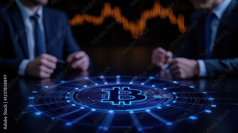Naklejka premium Close-up of professionals discussing cryptocurrency on a digital interface with Bitcoin symbol and graph background.