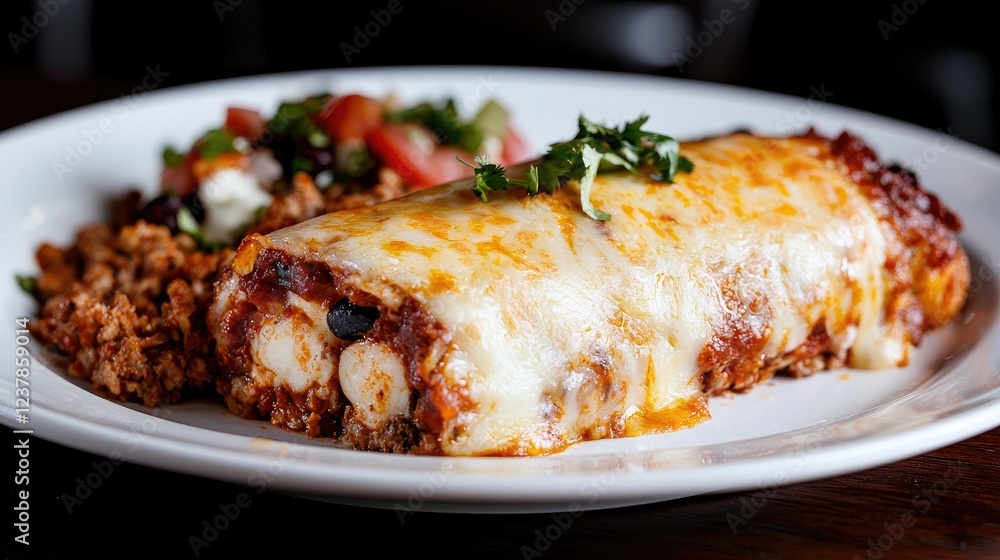 Delicious cheese-covered burrito with salad Delicious cheese-covered burrito with salad