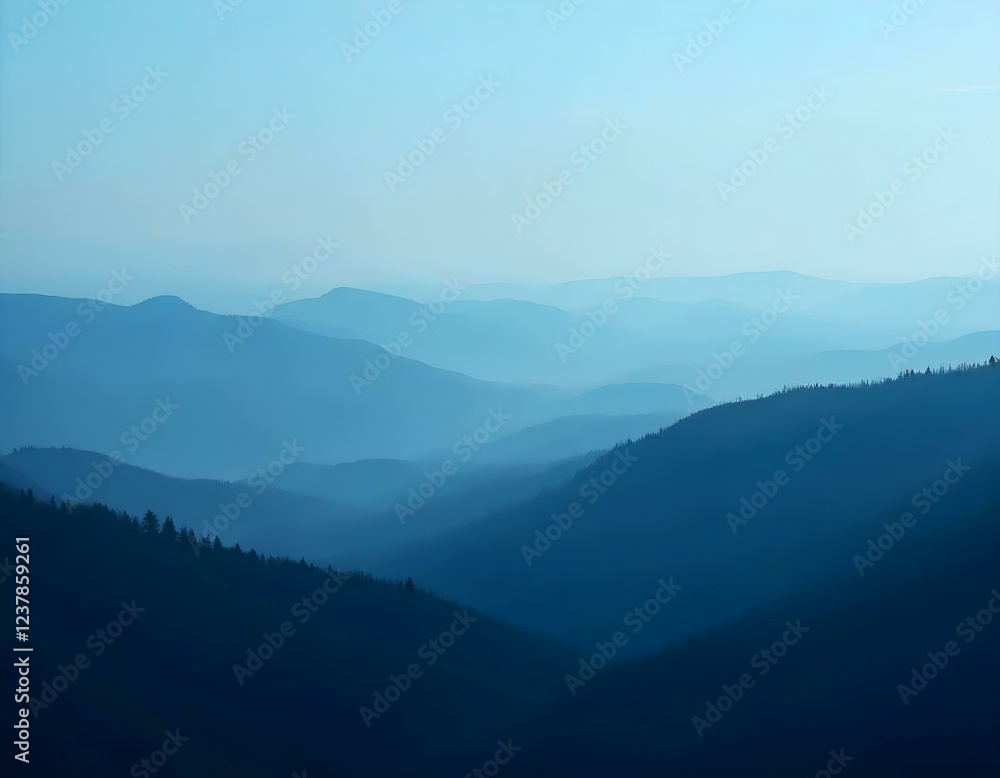 Misty mountain landscape, layered blue hills, atmospheric perspective, hazy horizon, ethereal scenery, soft gradient, serene vista, dreamy skyline Misty mountain landscape, layered blue hills, atmospheric perspective, hazy horizon, ethereal scenery, soft gradient, serene vista, dreamy skyline