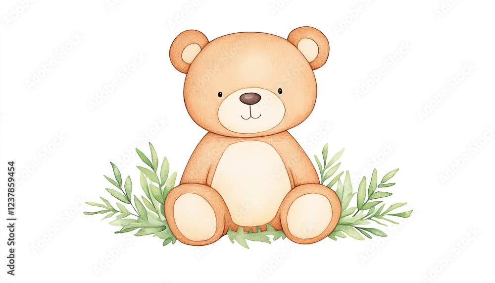Cute cartoon teddy bear sitting among green leaves, creating a playful and cheerful atmosphere