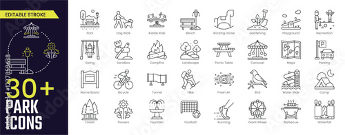 Park Stroke icon collections. Containing Park, Dog Walk, Kiddie Ride, Bench, Rocking, Horse, Gardening, Playground, Recreation and more icons. Editable Stroke icon collection Outline icon