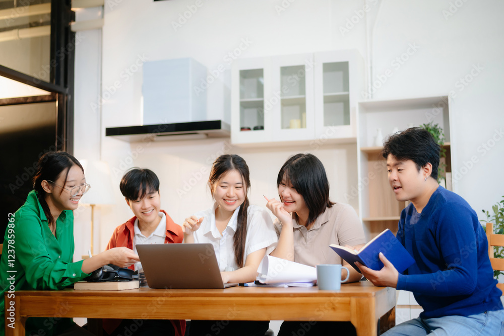 Young Asian adults collaborating on laptops and tablets in a cozy workspace, embodying teamwork, c Young Asian adults collaborating on laptops and tablets in a cozy workspace, embodying teamwork, c