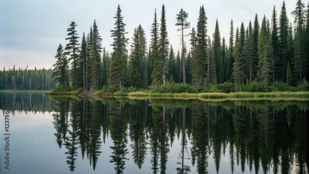 Towering pine trees reflected in the mirror-like surface of a still lake, lake reflections, serene atmosphere, countryside charm Towering pine trees reflected in the mirror-like surface of a still lake, lake reflections, serene atmosphere, countryside charm