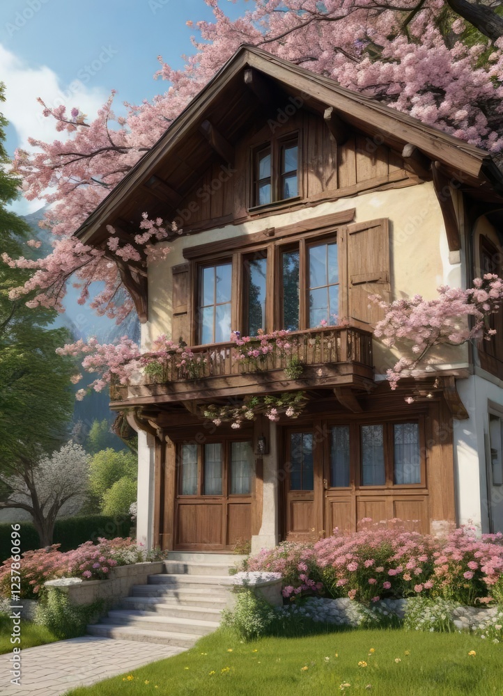 Fototapeta premium Traditional swiss chalet facade with beautiful blossoming tree, traditional, scenic view, springtime, swiss chalet
