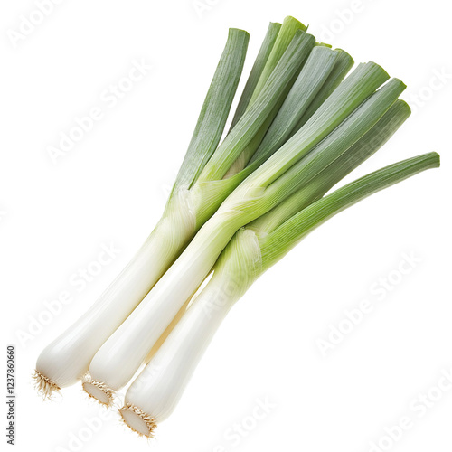 Fresh leeks with long white stalks in a dynamic flying composition, showcasing their texture and color, isolated on white background photo