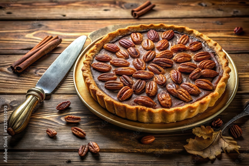 A Rustic Pecan Pie on a Wooden Table with Cinnamon Sticks and a Butter Knife A Rustic Pecan Pie on a Wooden Table with Cinnamon Sticks and a Butter Knife