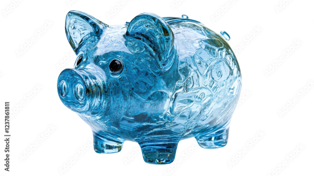 Naklejka premium Transparent blue glass piggy bank with coins inside on checkered background