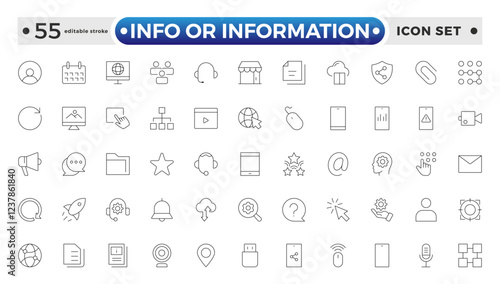 Info or Information outline icon set. Collection of help signs. Containing info, help, inform, support, news, instructions and notice icons. Online help, helpdesk. Editable stroke outline icon.
