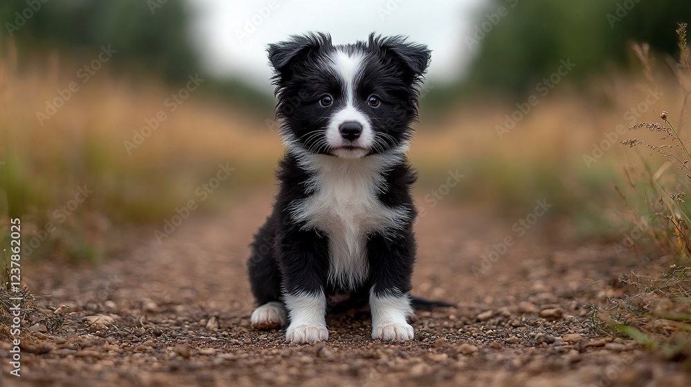 Adorable black and white puppy sitting on a trail. Adorable black and white puppy sitting on a trail.