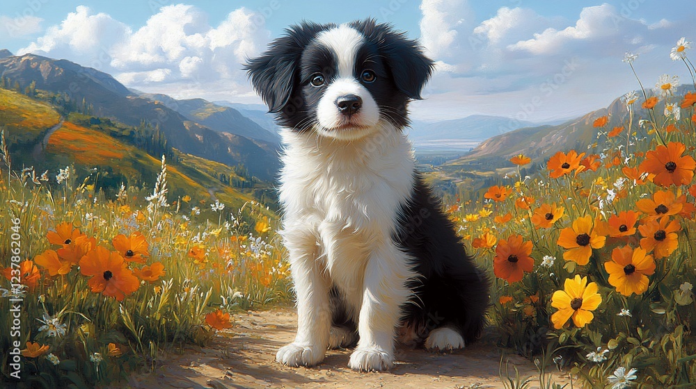 Obraz premium Adorable border collie puppy sitting in a mountain meadow of wildflowers.