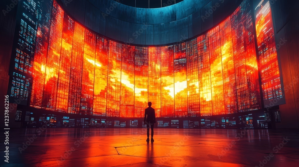 Fototapeta premium Futuristic Trading Floor with Vibrant Transparent Screens and Dynamic Data Visualization