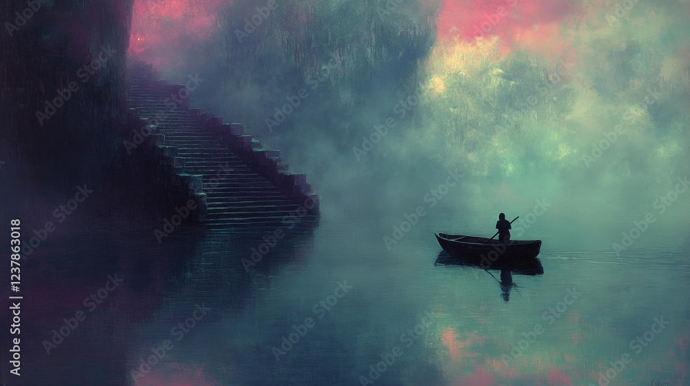 Misty Boat Ride with Stairs. Generative AI Misty Boat Ride with Stairs. Generative AI