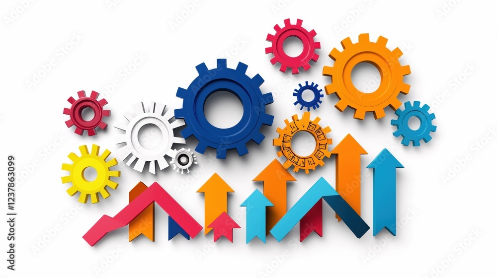 Colorful Gears and Arrows Symbolize Growth Progress and Teamwork Success in Business Colorful Gears and Arrows Symbolize Growth Progress and Teamwork Success in Business