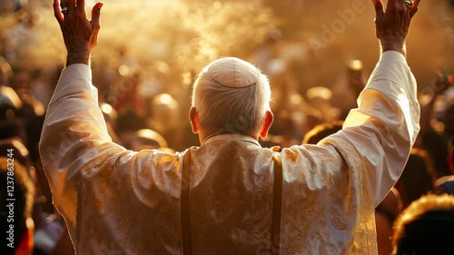 The Pope, priest, raises his hands in blessing people, back view. 